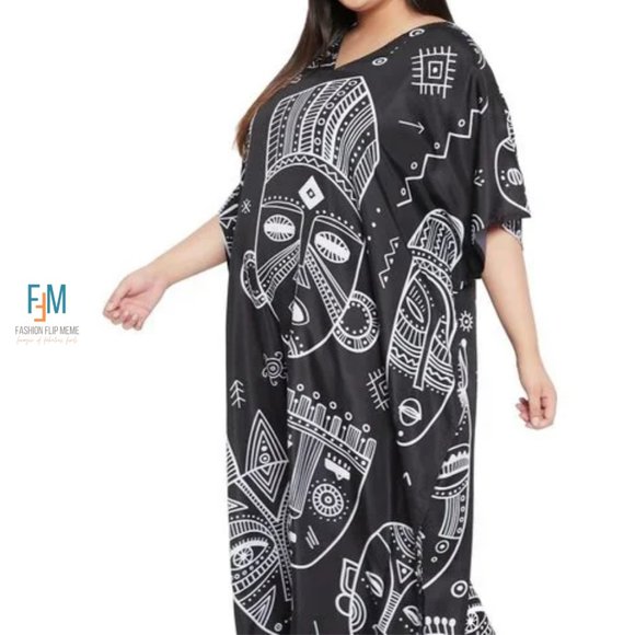 Women's Plus Size Full Length Tribal Print Caftan Maxi Dress OSFA - Picture 5 of 8